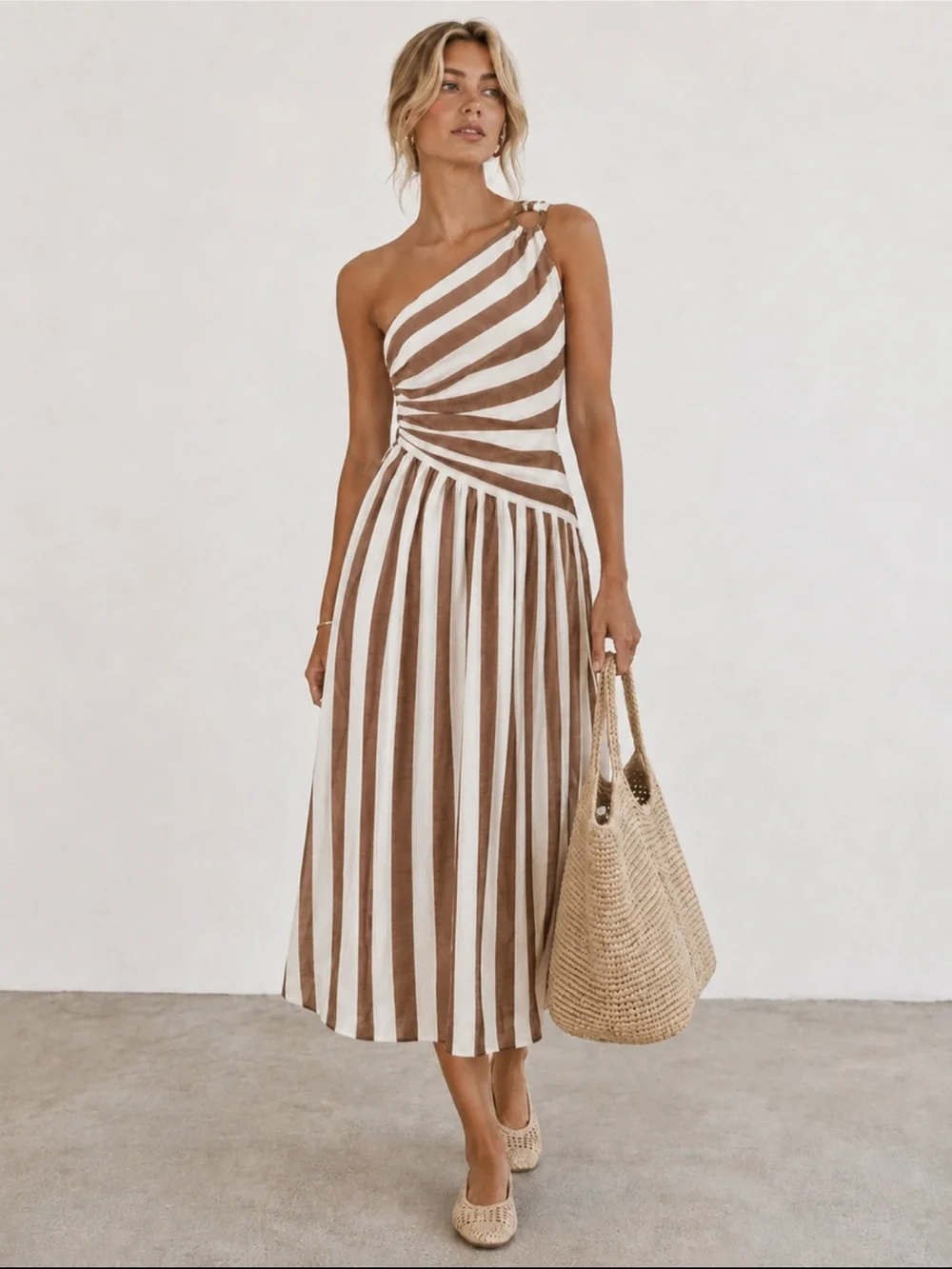 One-Shoulder Brown and White Striped Midi Dress